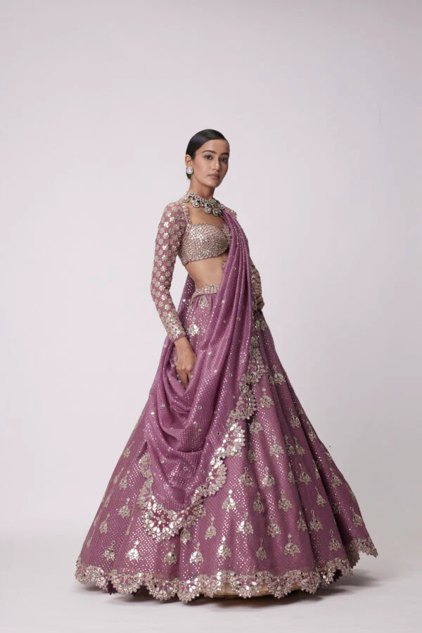 Mud Mauve Sequin And Flower Embroidered Lehenga Set - Image 4
