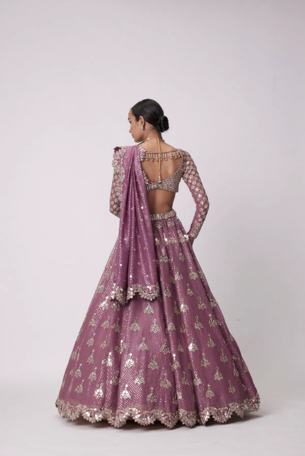 Mud Mauve Sequin And Flower Embroidered Lehenga Set - Image 5