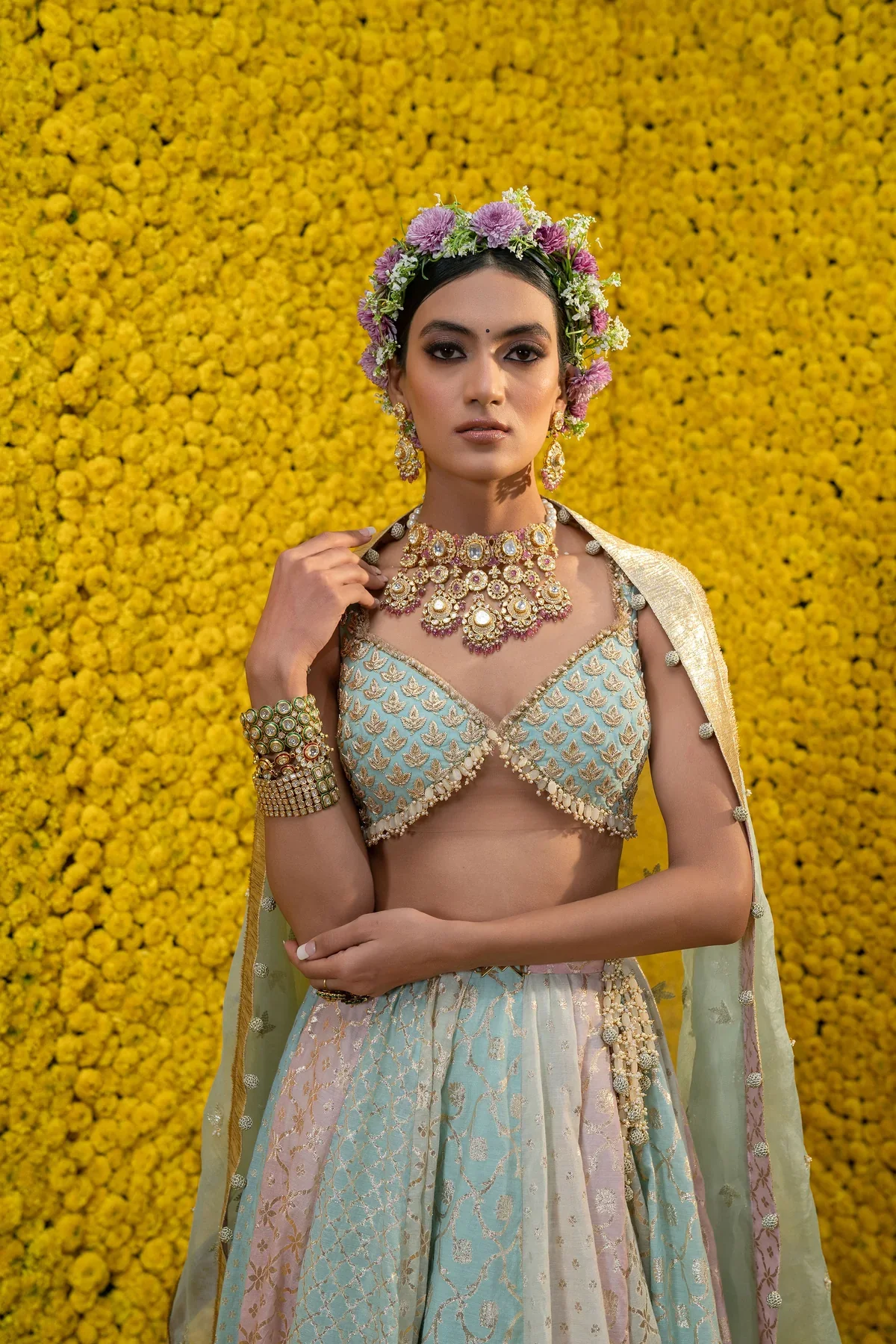 Multi Color Iqra Banarasi Chanderi Lehenga Set - Image 3