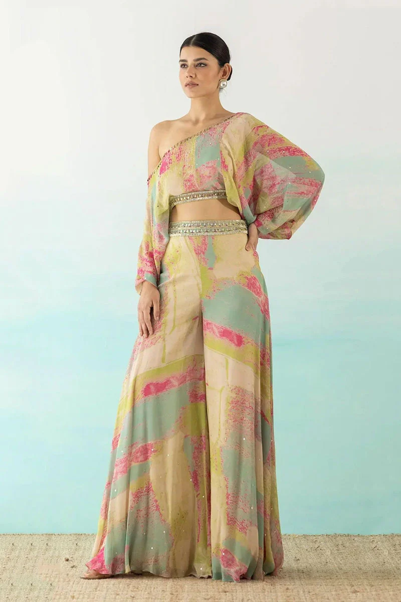 Multicolor One Shoulder Crop Top And Palazzo Set