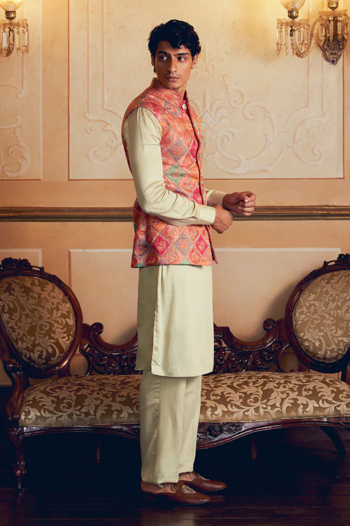 Multicolored Banarasi Jamawar Men's Jacket Set - Image 3