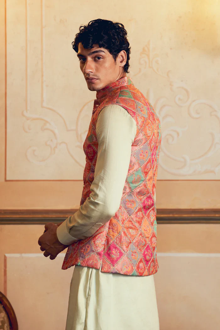 Multicolored Banarasi Jamawar Men's Jacket Set - Image 4