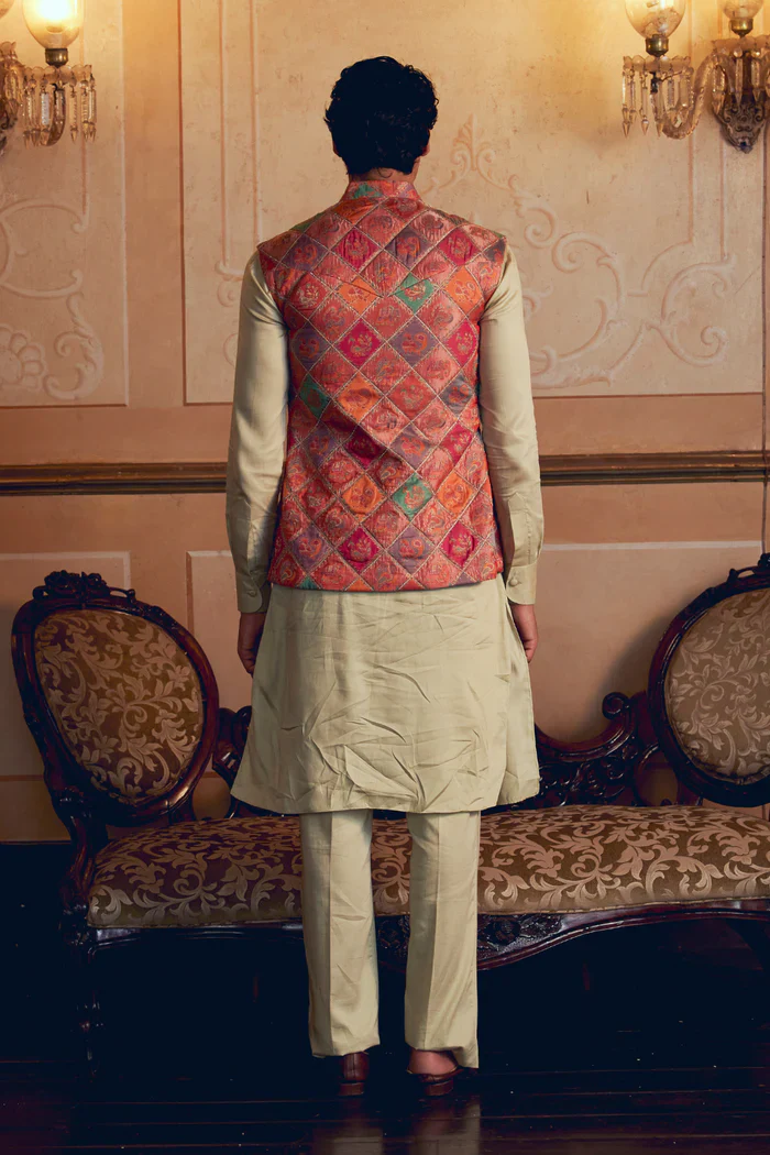 Multicolored Banarasi Jamawar Men's Jacket Set - Image 5