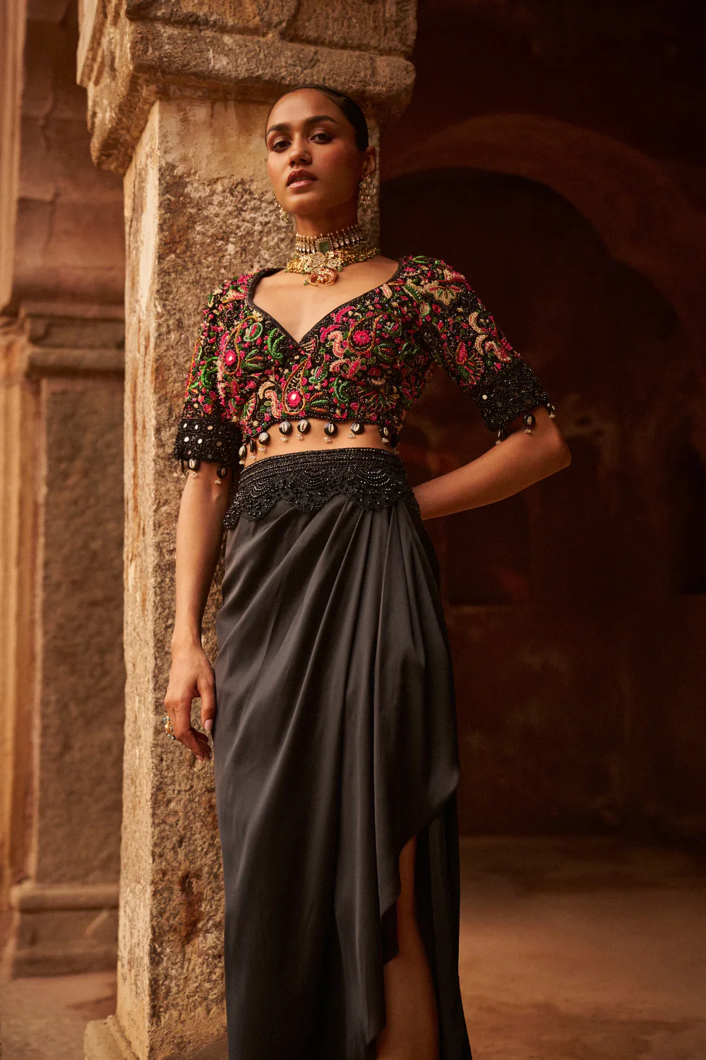 Multicolored Embroided Blouse with Dusk Drape Skirt Set - Image 2