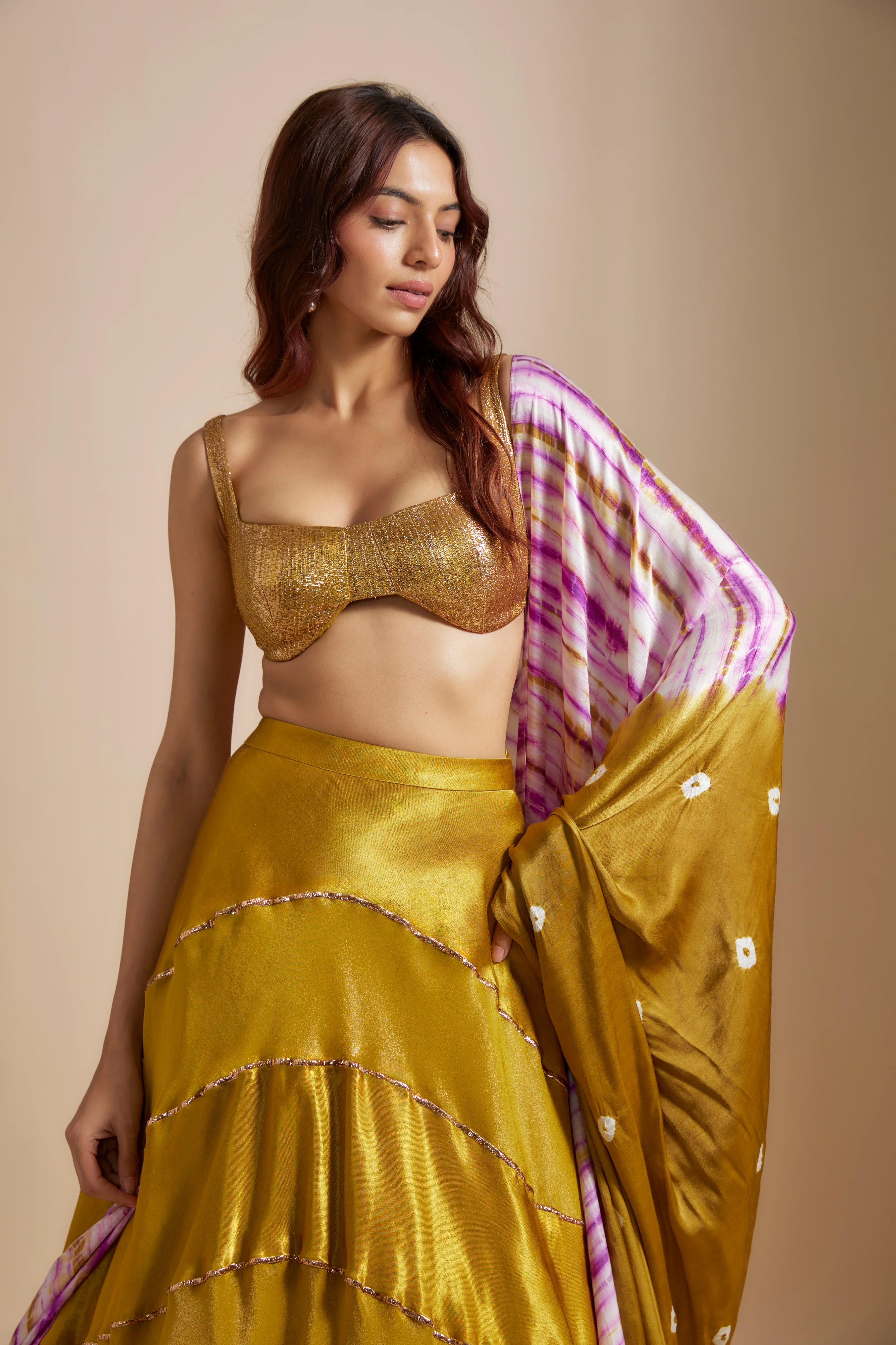 Mustard Block Skirt With Badla Embroidered Blouse With Shibori Dupatta - Image 2