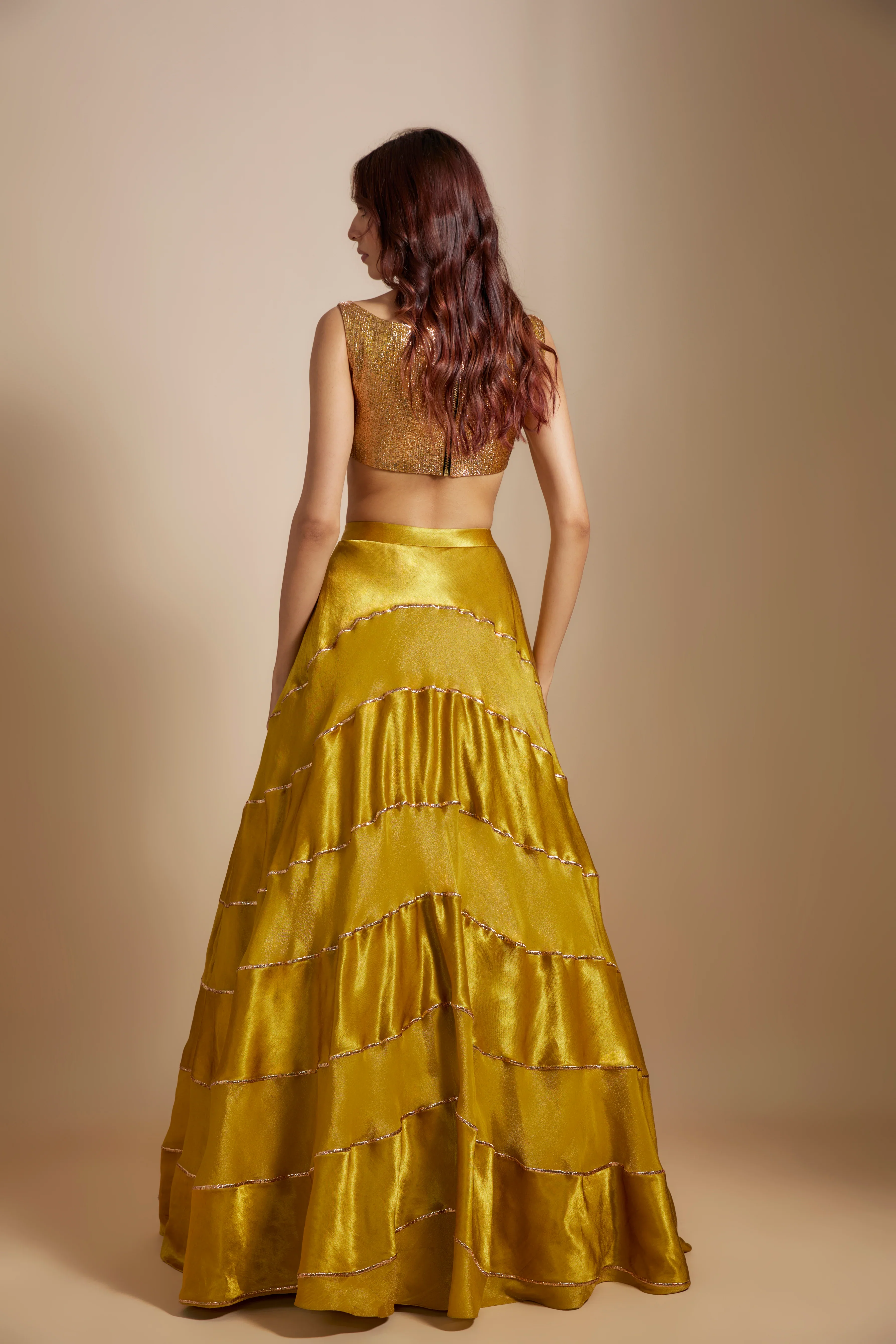 Mustard Block Skirt With Badla Embroidered Blouse With Shibori Dupatta - Image 3