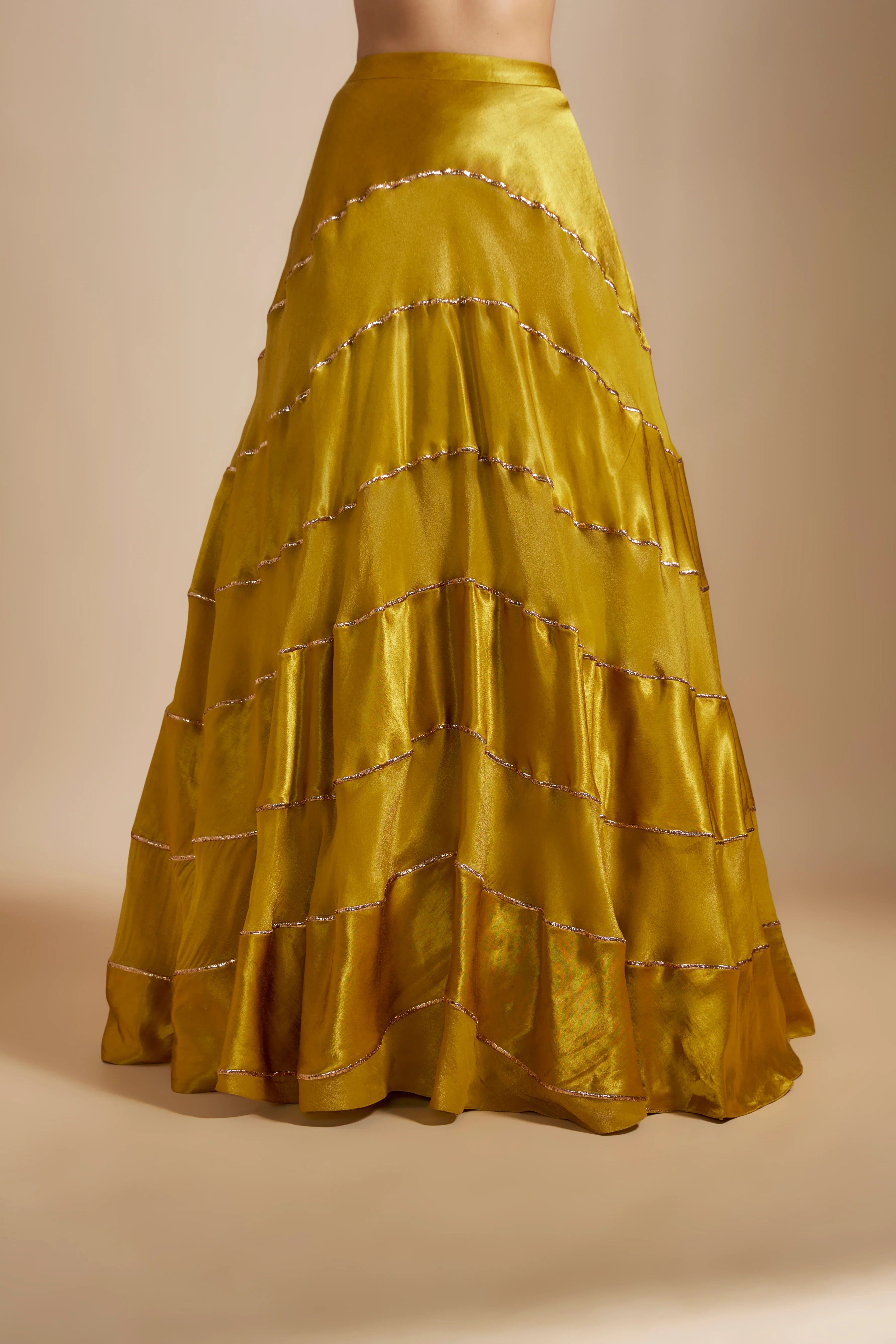 Mustard Block Skirt With Badla Embroidered Blouse With Shibori Dupatta - Image 4