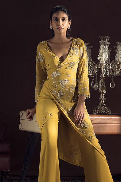 Mustard Kimono Wrap Kurta And Pants - Image 2