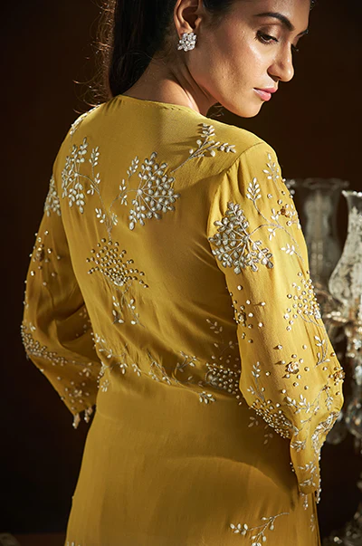 Mustard Kimono Wrap Kurta And Pants - Image 3