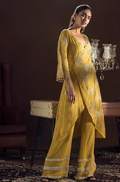 Mustard Kimono Wrap Kurta And Pants - Image 4