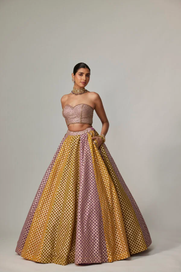 Mustard Multicolour Corset Skirt Set - Image 3