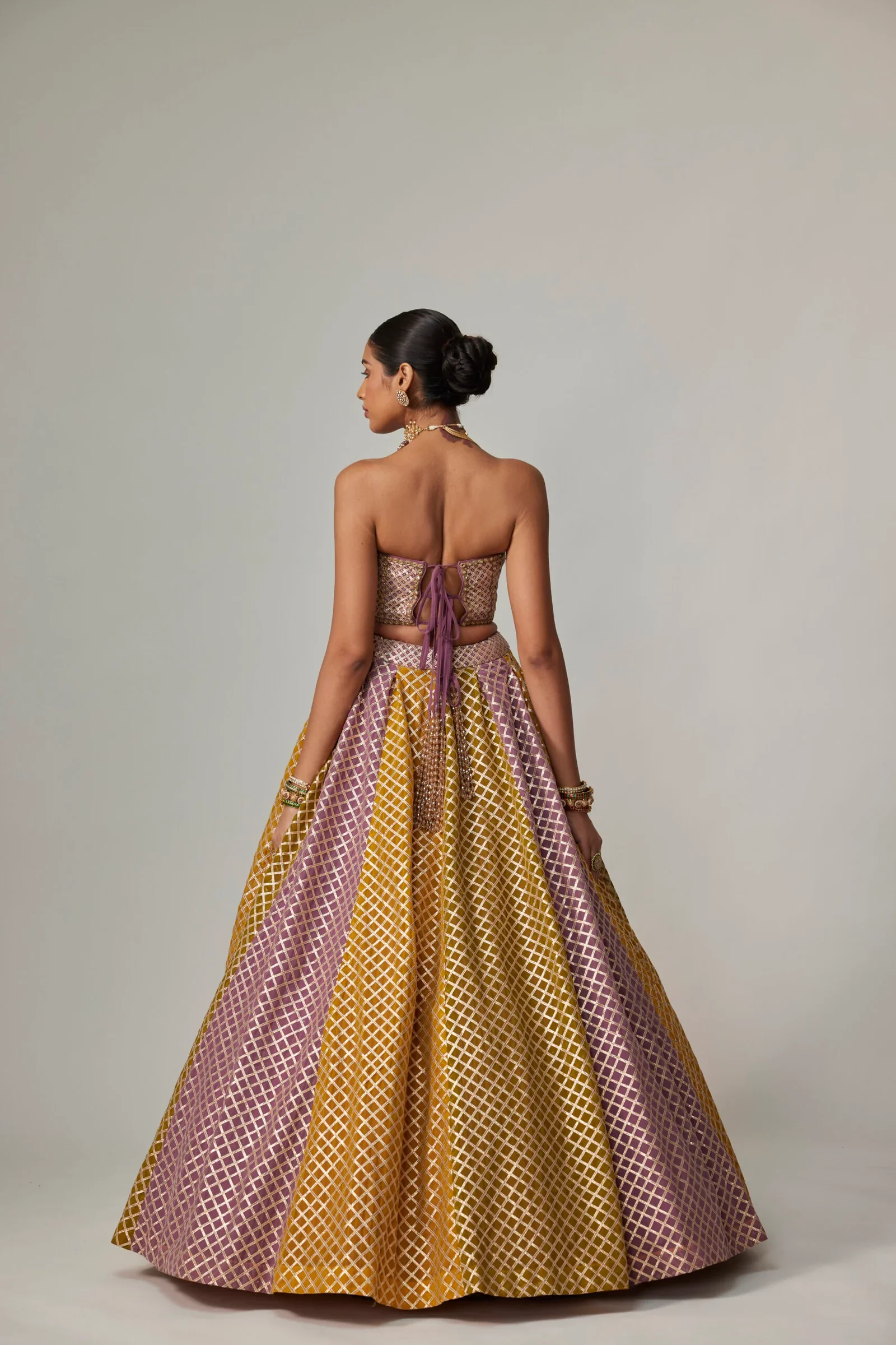 Mustard Multicolour Corset Skirt Set - Image 4