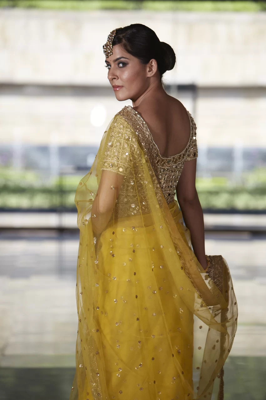 Mustard Net Saree with Red Mirror Blouse - Image 2
