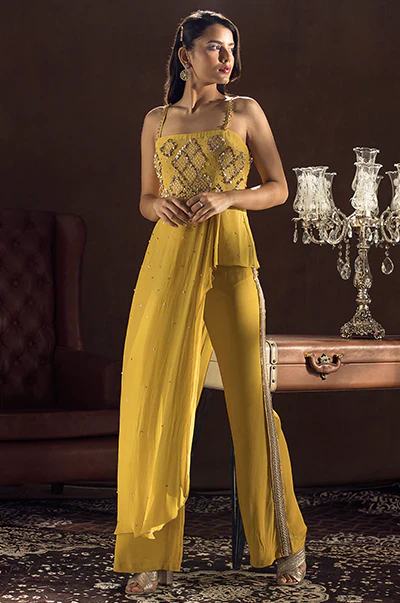 Mustard Pleated Top With Bell Bottom Pants