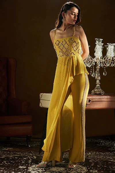Mustard Pleated Top With Bell Bottom Pants - Image 3