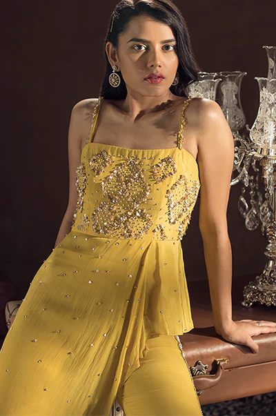 Mustard Pleated Top With Bell Bottom Pants - Image 4