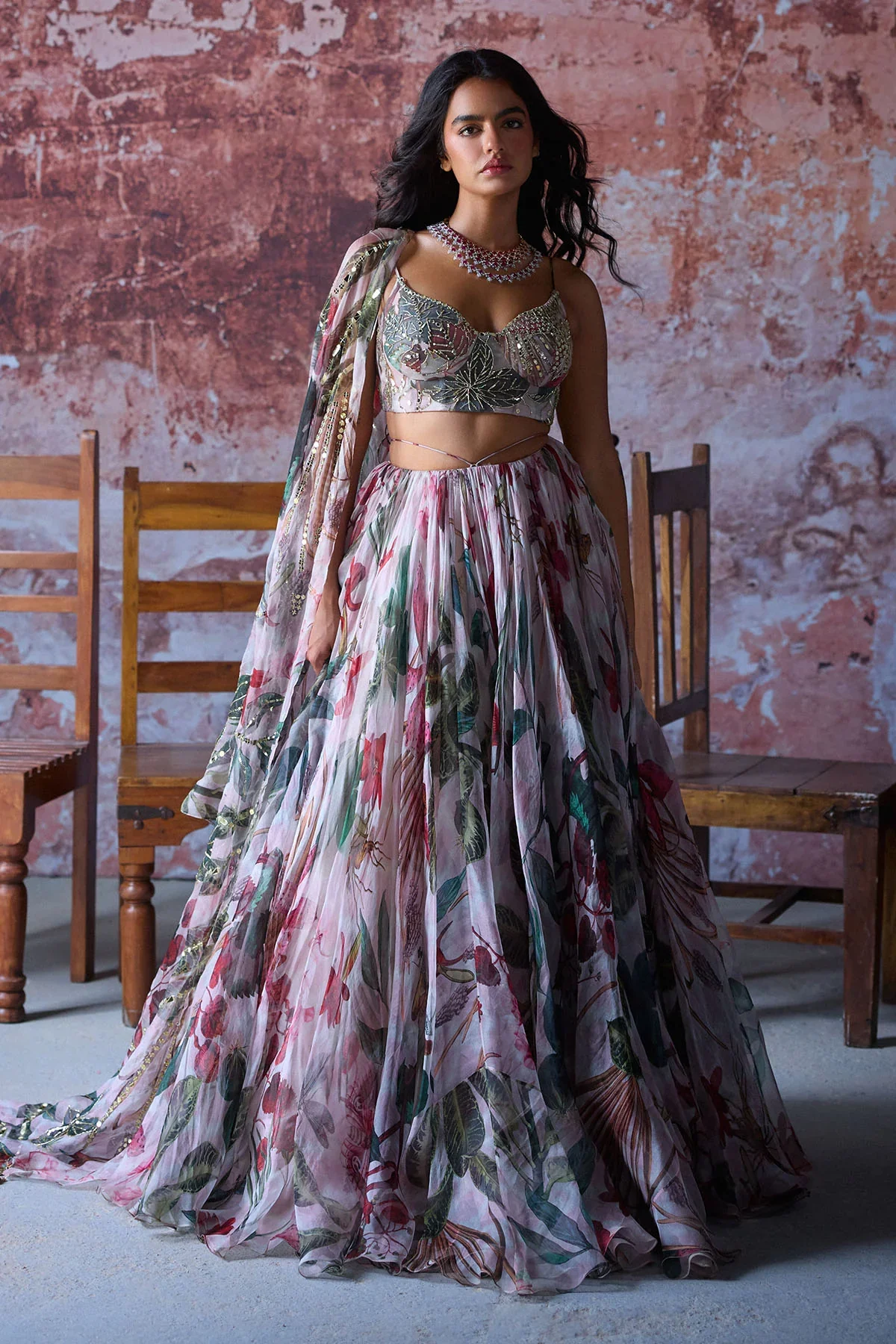 MYRA - Embroidered Blouse With Printed Skirt