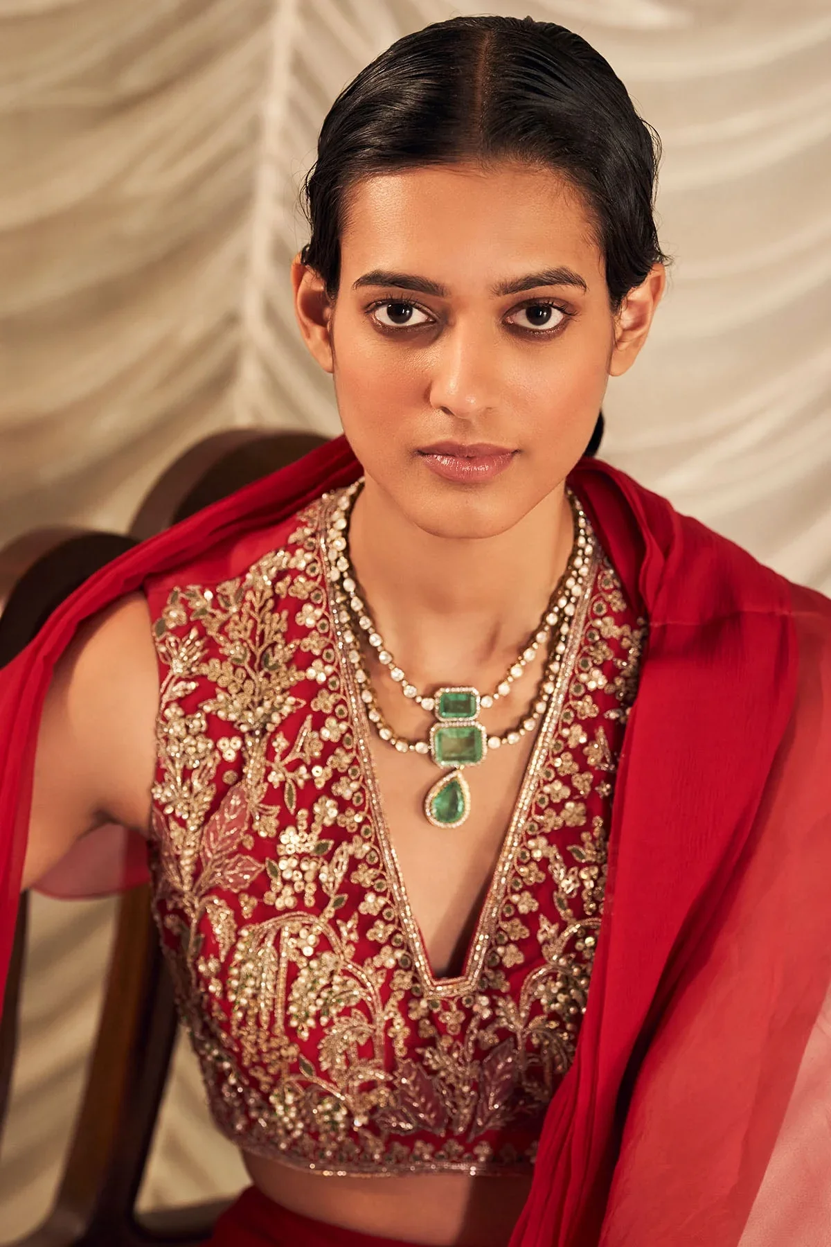 Naeem - Red Net Embroidered Blouse With Chiffon Drape Saree - Image 2