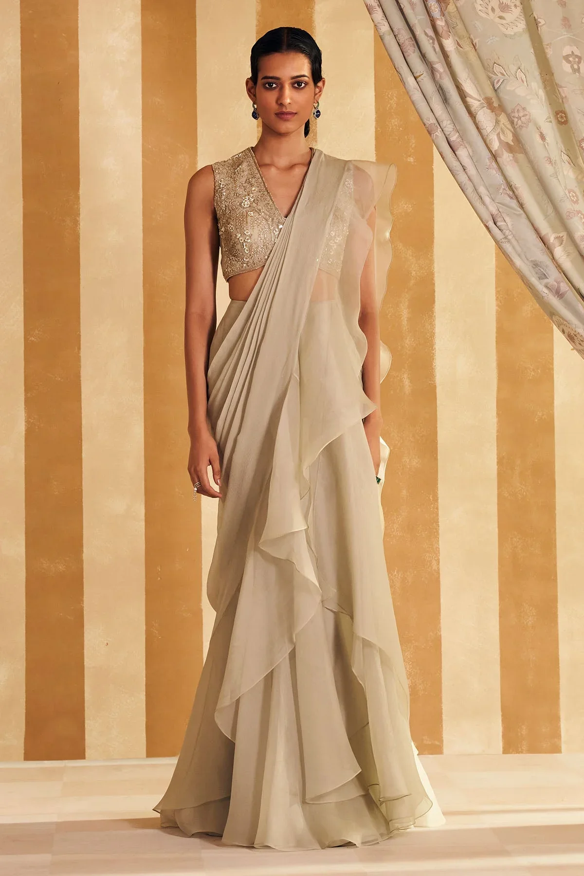 Nafeesa - Silver Green Net Embroidered Blouse With Chiffon Drape Saree