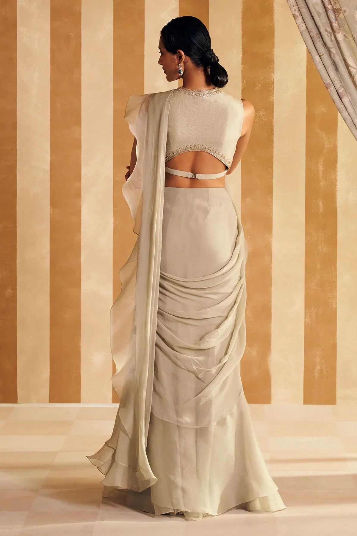 Nafeesa - Silver Green Net Embroidered Blouse With Chiffon Drape Saree - Image 3