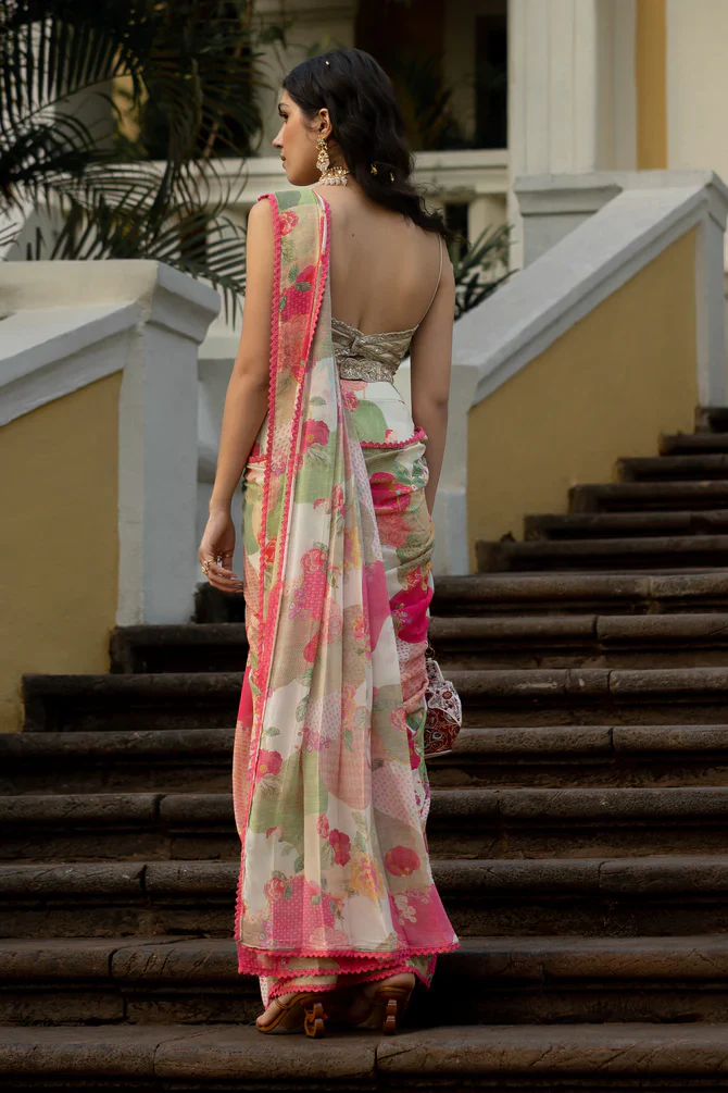 Naksha Print Georgette Pre-Draped Sari - Image 3
