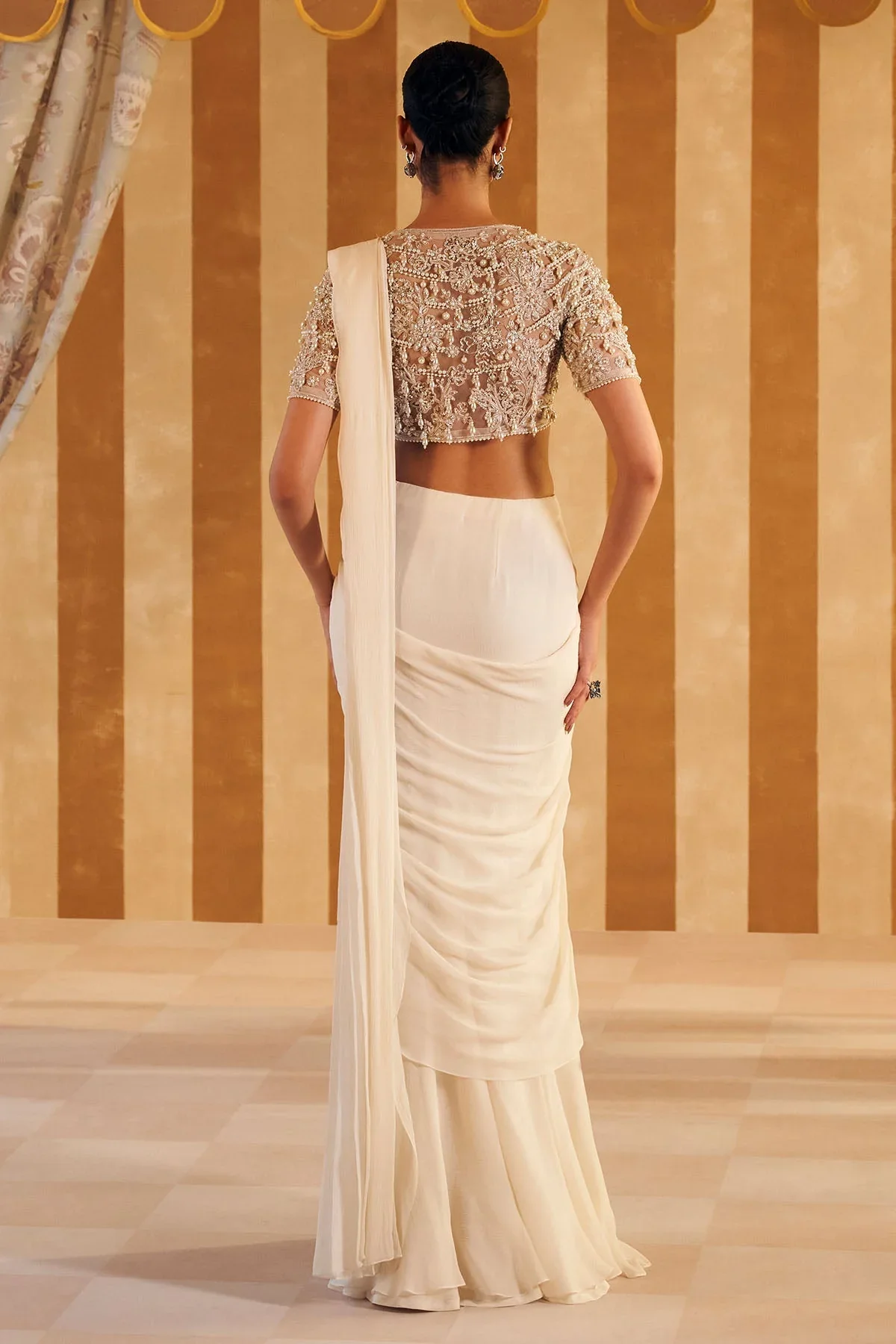 Naqaa - Ivory Net Embroidered Blouse With Chiffon Drape Saree - Image 3