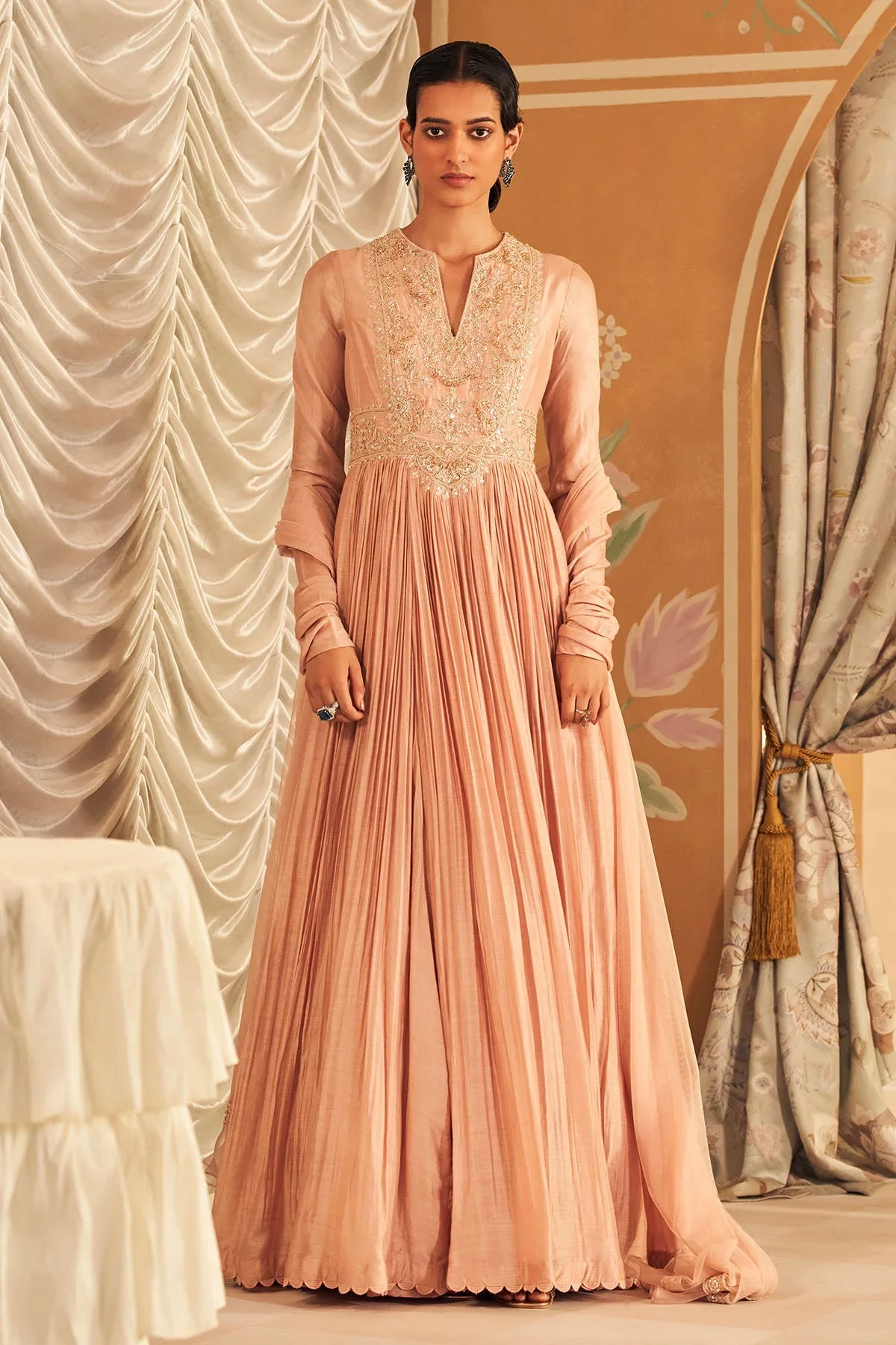 Naqsh - Dusky Pink Fine Silk Embroidered Long Anarkali