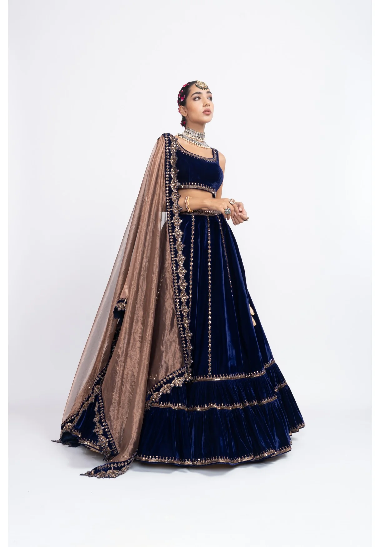 Navy Blue Double Tier Lehenga Set - Image 3