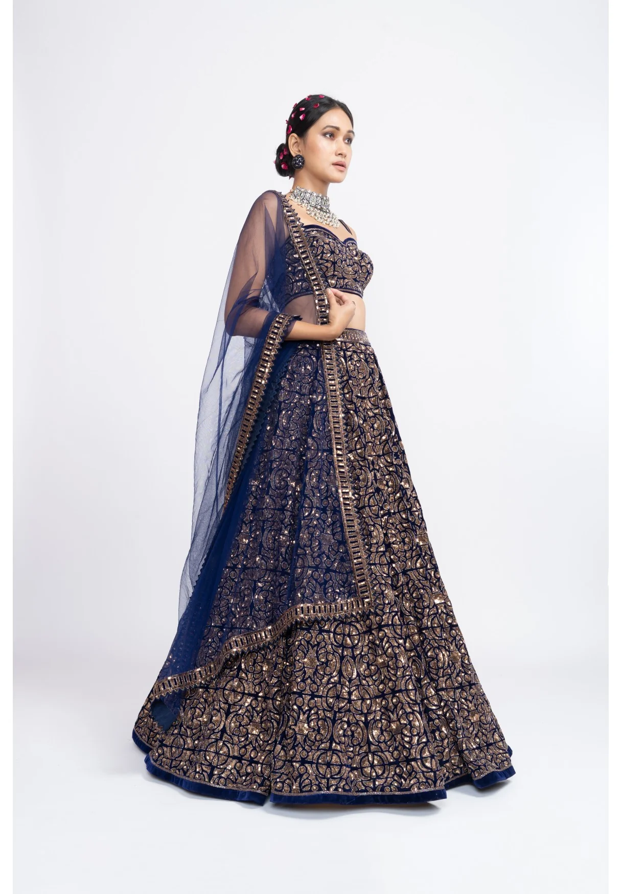 Navy Blue Fully Embroidered Corset Lehenga Set - Image 3