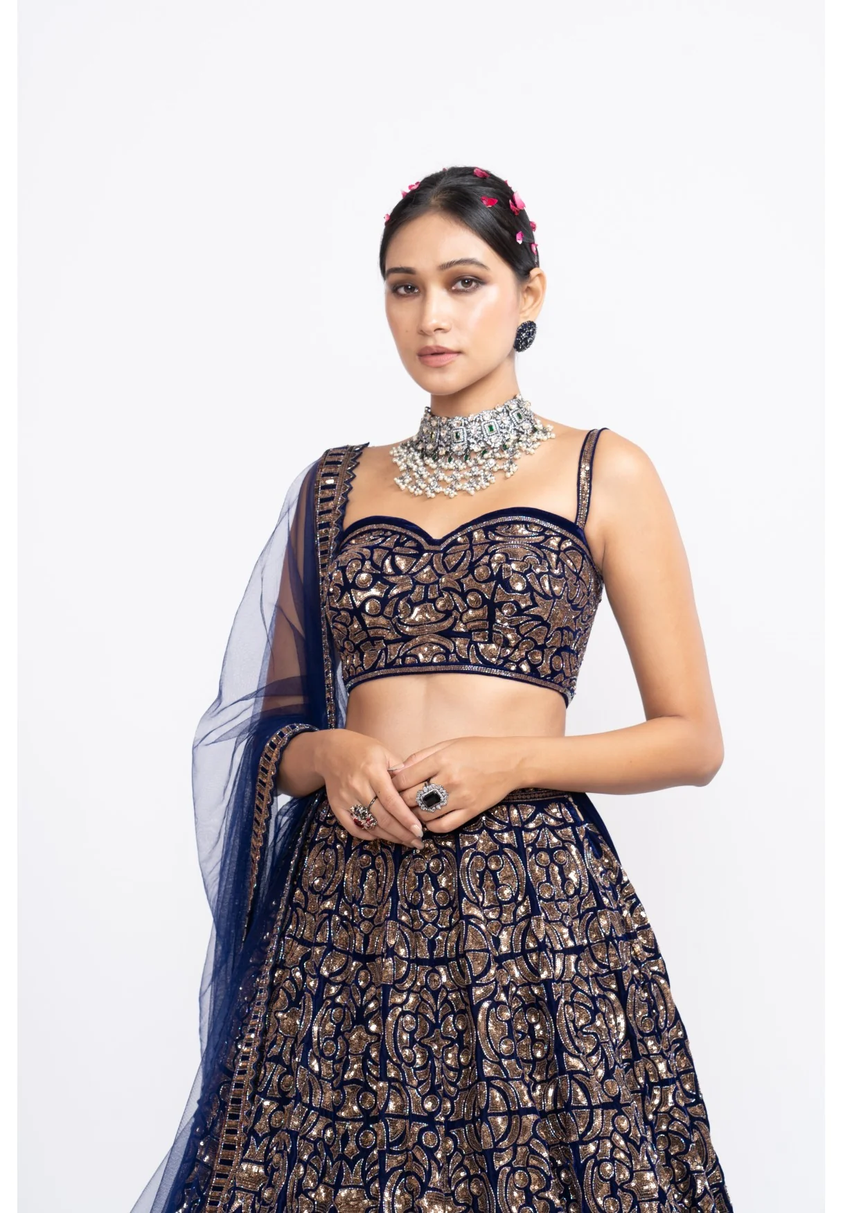 Navy Blue Fully Embroidered Corset Lehenga Set - Image 4