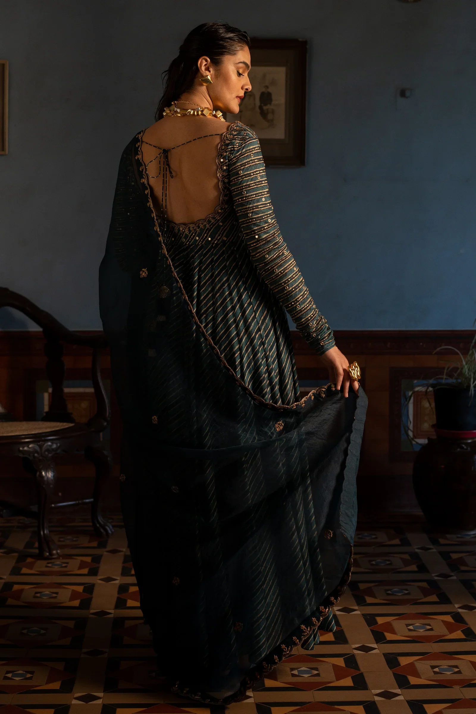 Navy Blue Hand Embroidered Anarkali Set - Image 2