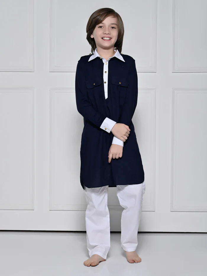 Navy Blue Kurta Set For Boys - Image 3