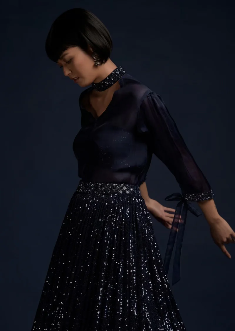 Navy Blue Lehenga Embellished In Sequins With A Matching Organza Top And Sequins Bustier - Image 2