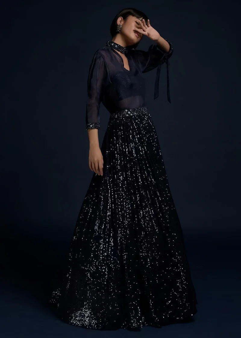 Navy Blue Lehenga Embellished In Sequins With A Matching Organza Top And Sequins Bustier - Image 4