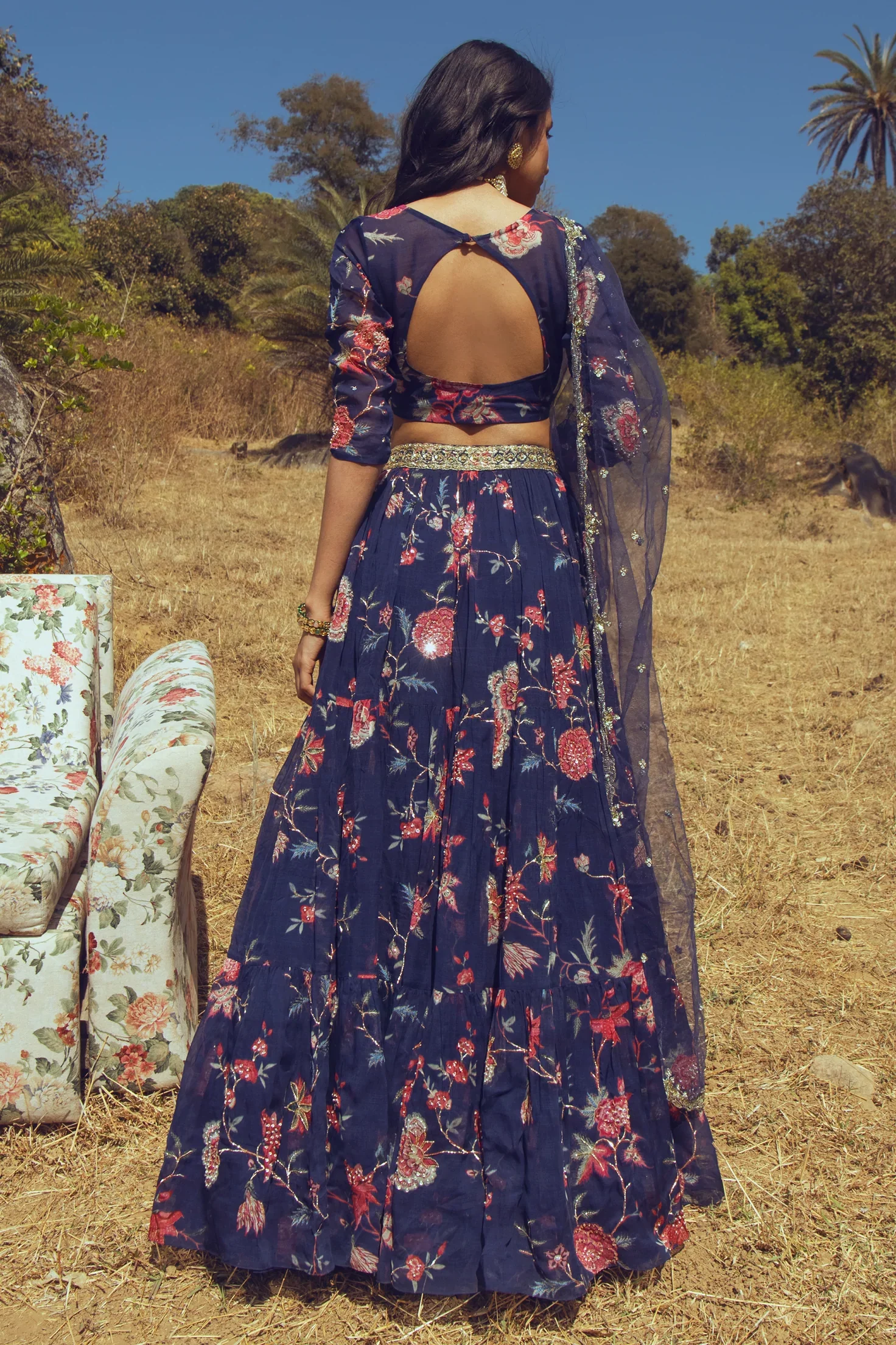 Navy blue printed lehenga - Image 3