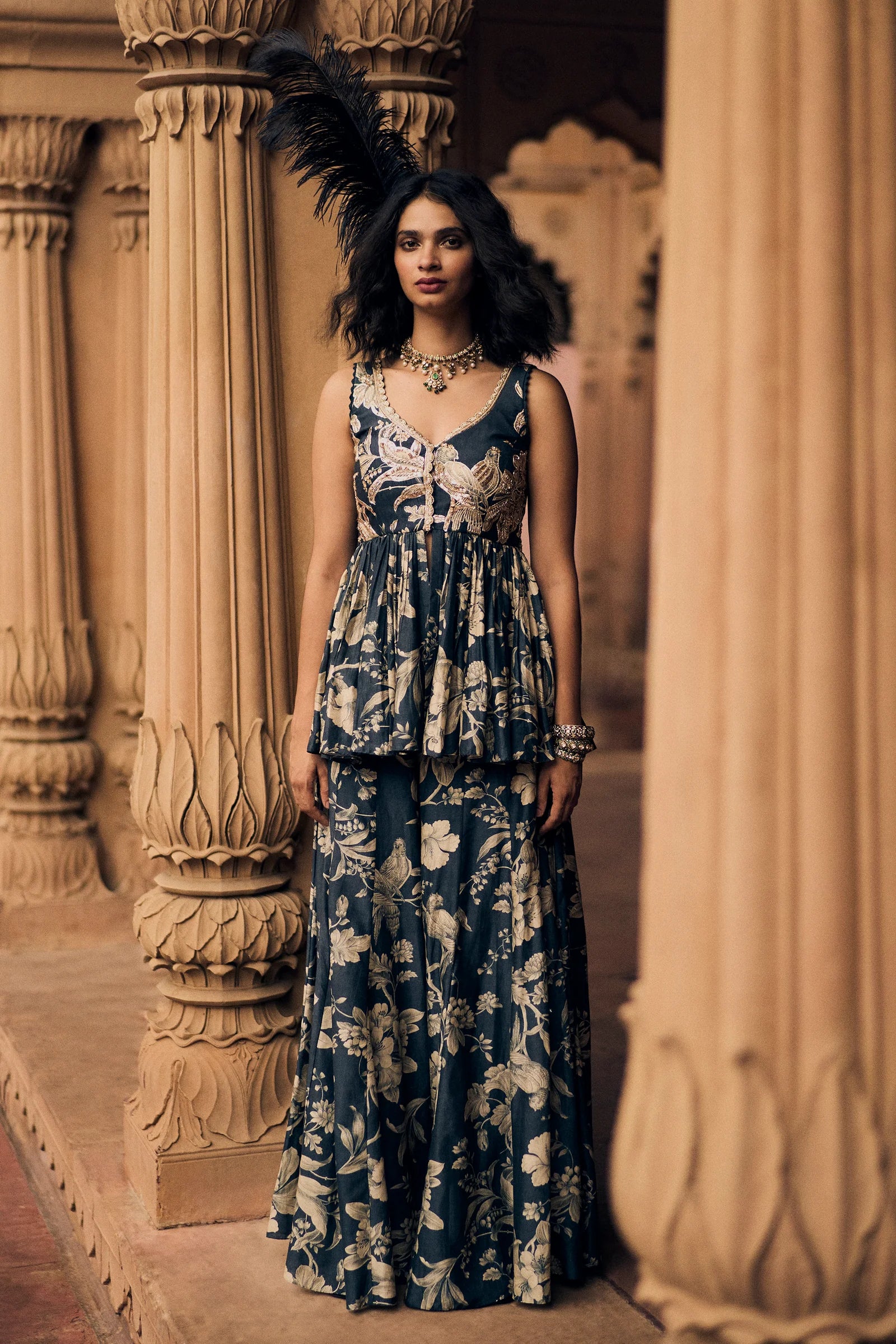 Navy Blue Signature Roop Flip Bird Print Peplum Set