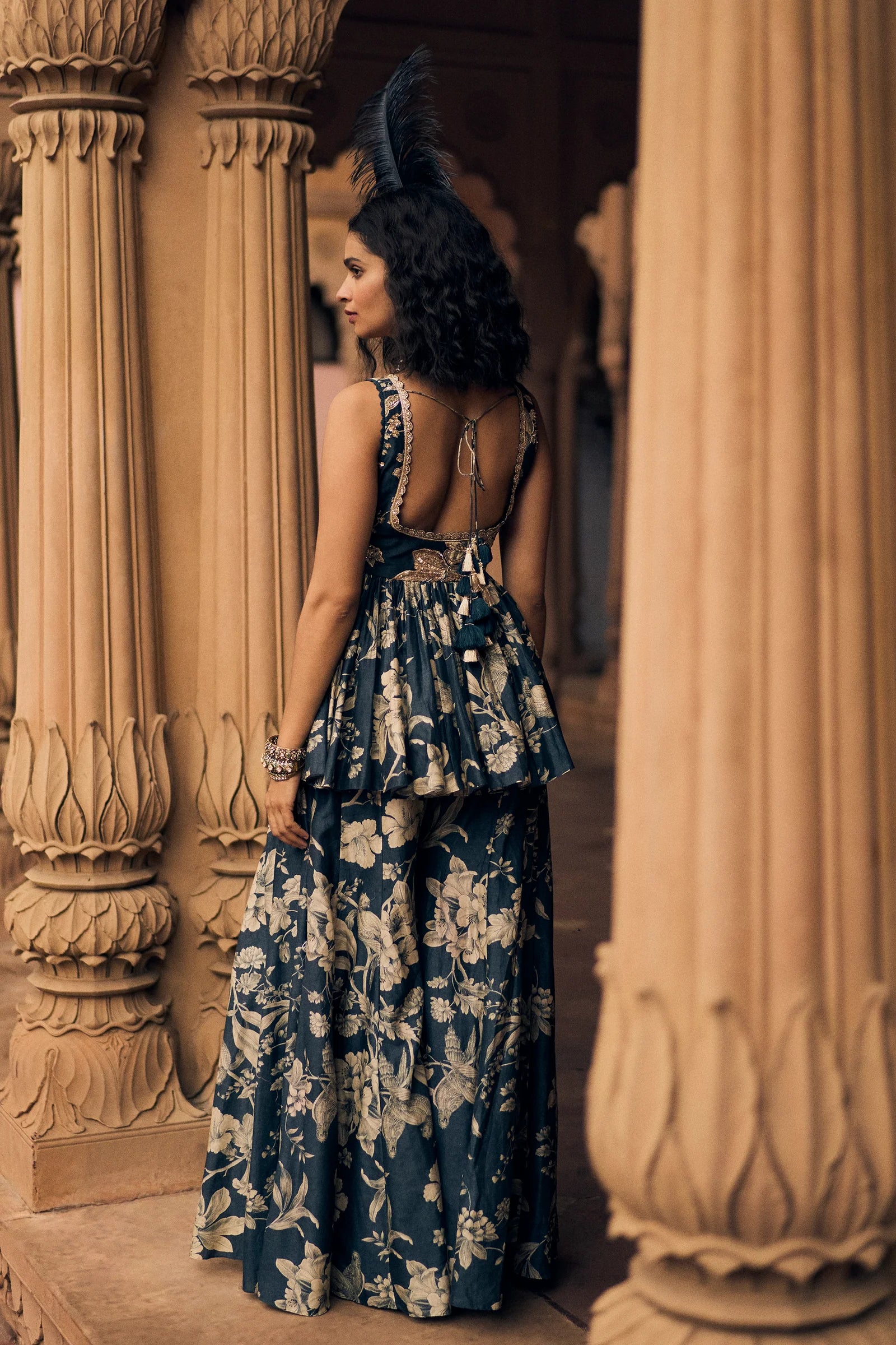 Navy Blue Signature Roop Flip Bird Print Peplum Set - Image 3