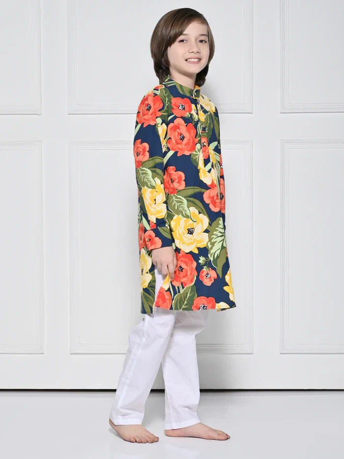 Navy Floral Kurta Pajama Set - Image 2