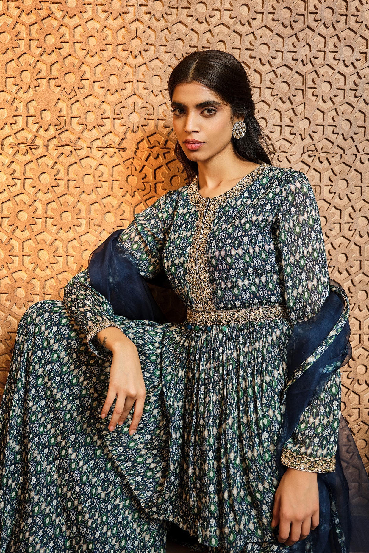 Navy Ikat Peplum Sharara Set - Image 2