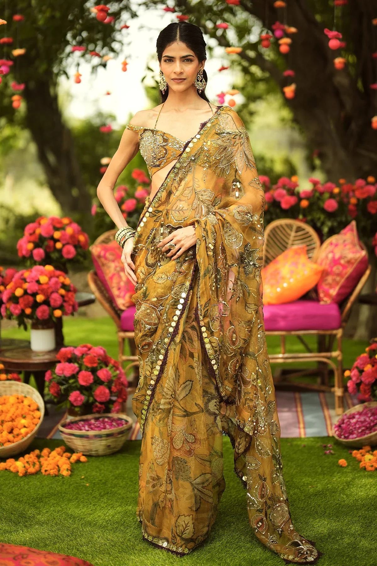 NAZIMA - Pre Draped Hand Embroidered Saree Off-Shoulder Blouse - Image 3