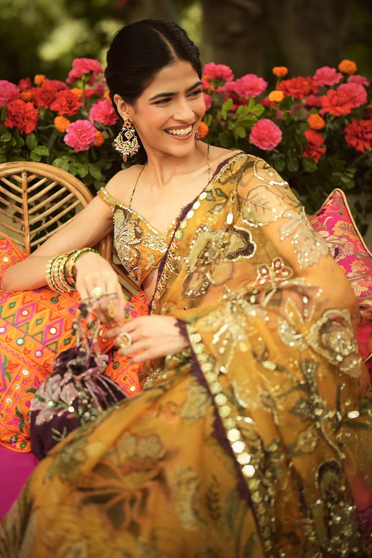 NAZIMA - Pre Draped Hand Embroidered Saree Off-Shoulder Blouse - Image 4