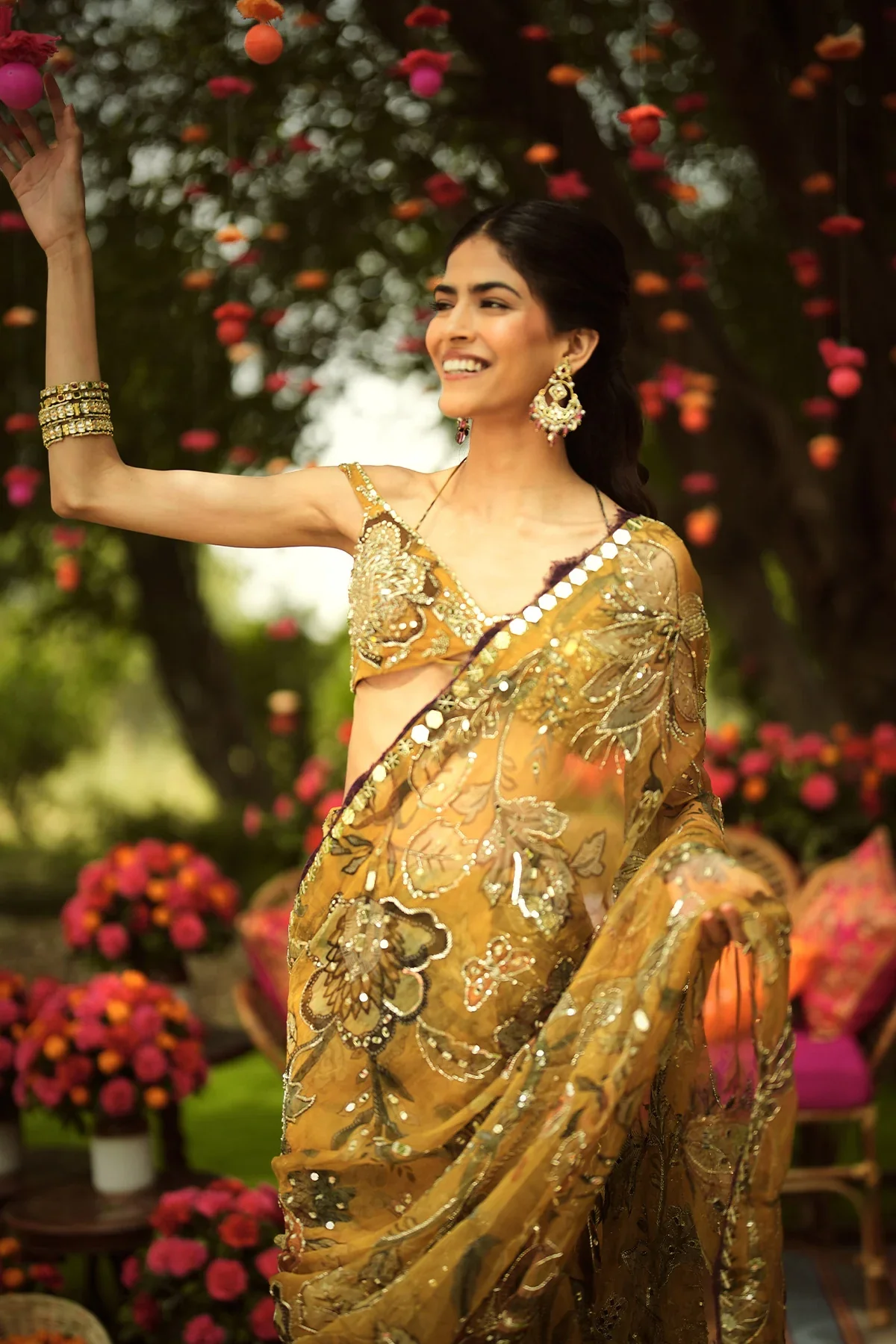 NAZIMA - Pre Draped Hand Embroidered Saree Off-Shoulder Blouse - Image 6