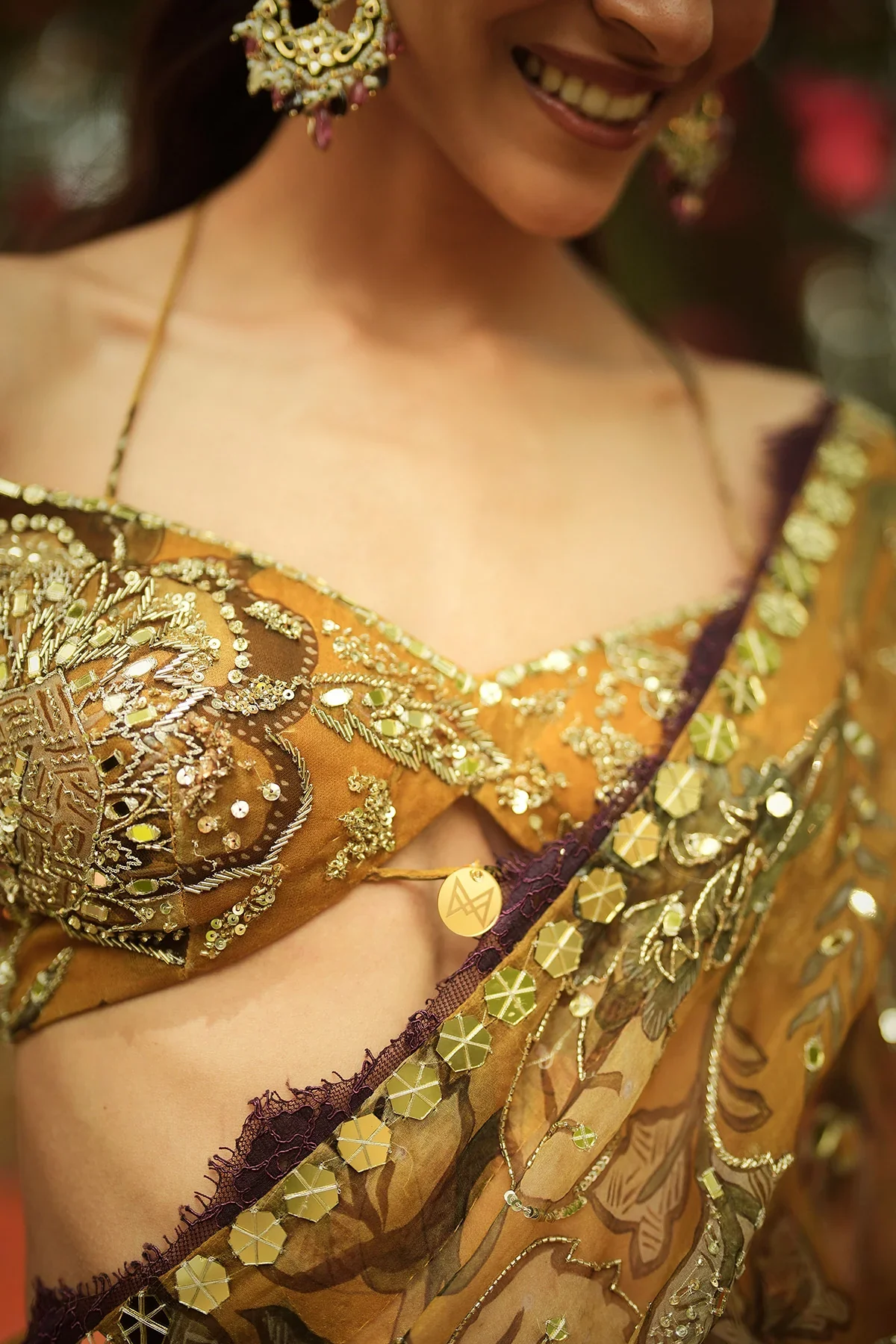 NAZIMA - Pre Draped Hand Embroidered Saree Off-Shoulder Blouse - Image 7