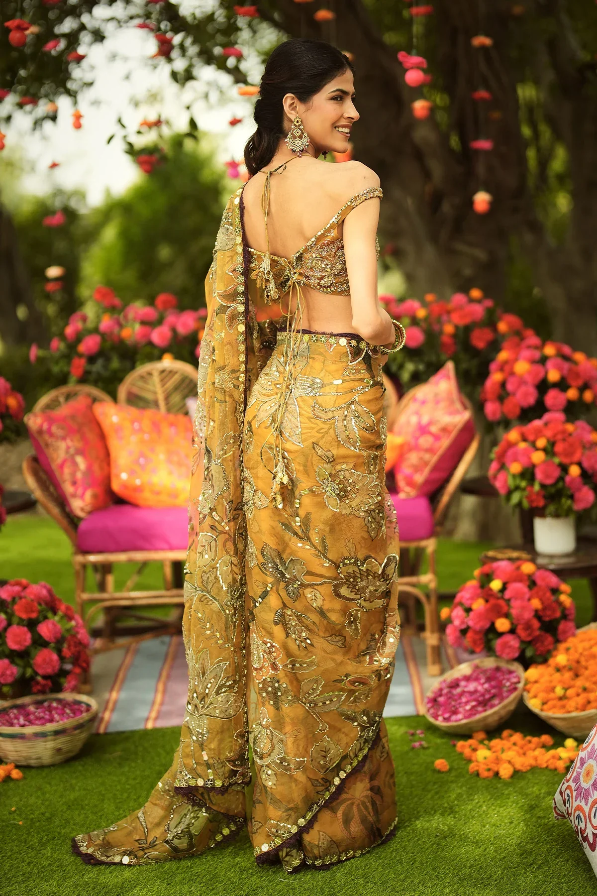 NAZIMA - Pre Draped Hand Embroidered Saree Off-Shoulder Blouse - Image 9