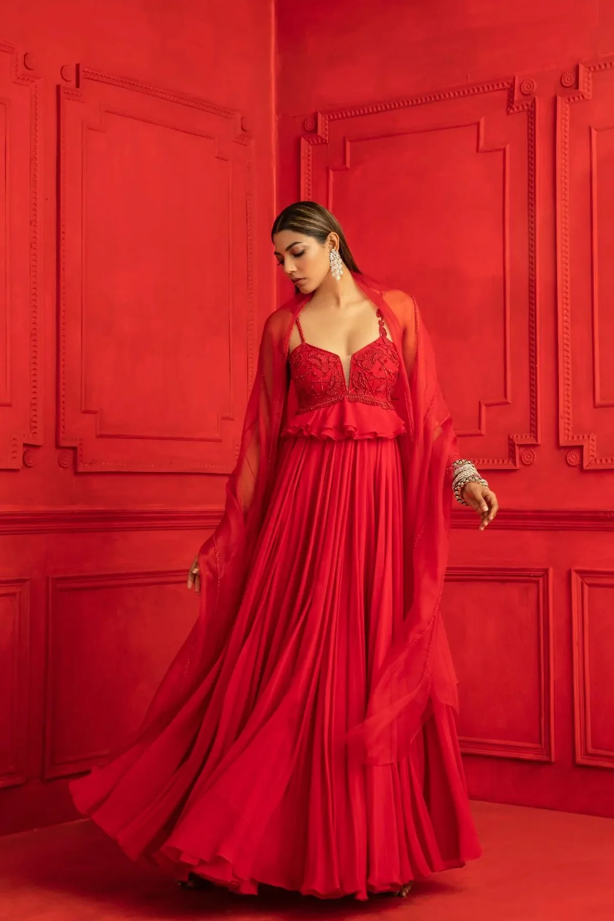Nazuk Red Peplum Anarkali With Dupatta - Image 4