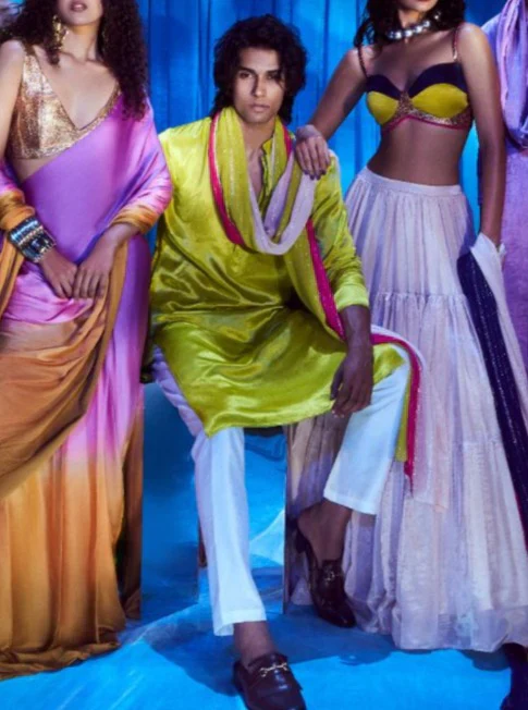 Neon Green Kurta With White Pant With Multi Colour Dupatta - Image 2