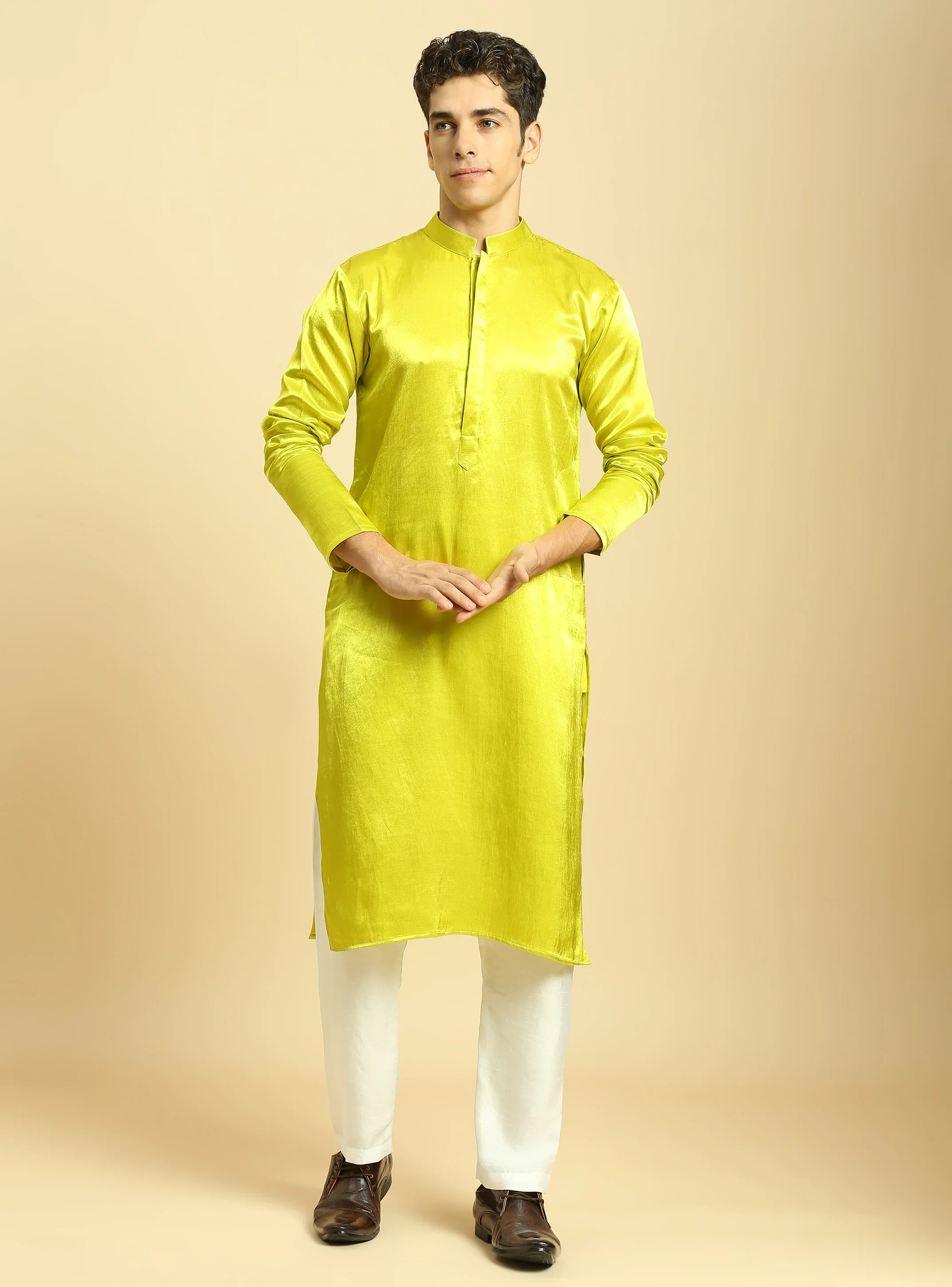 Neon Green Kurta With White Pant With Multi Colour Dupatta - Image 3