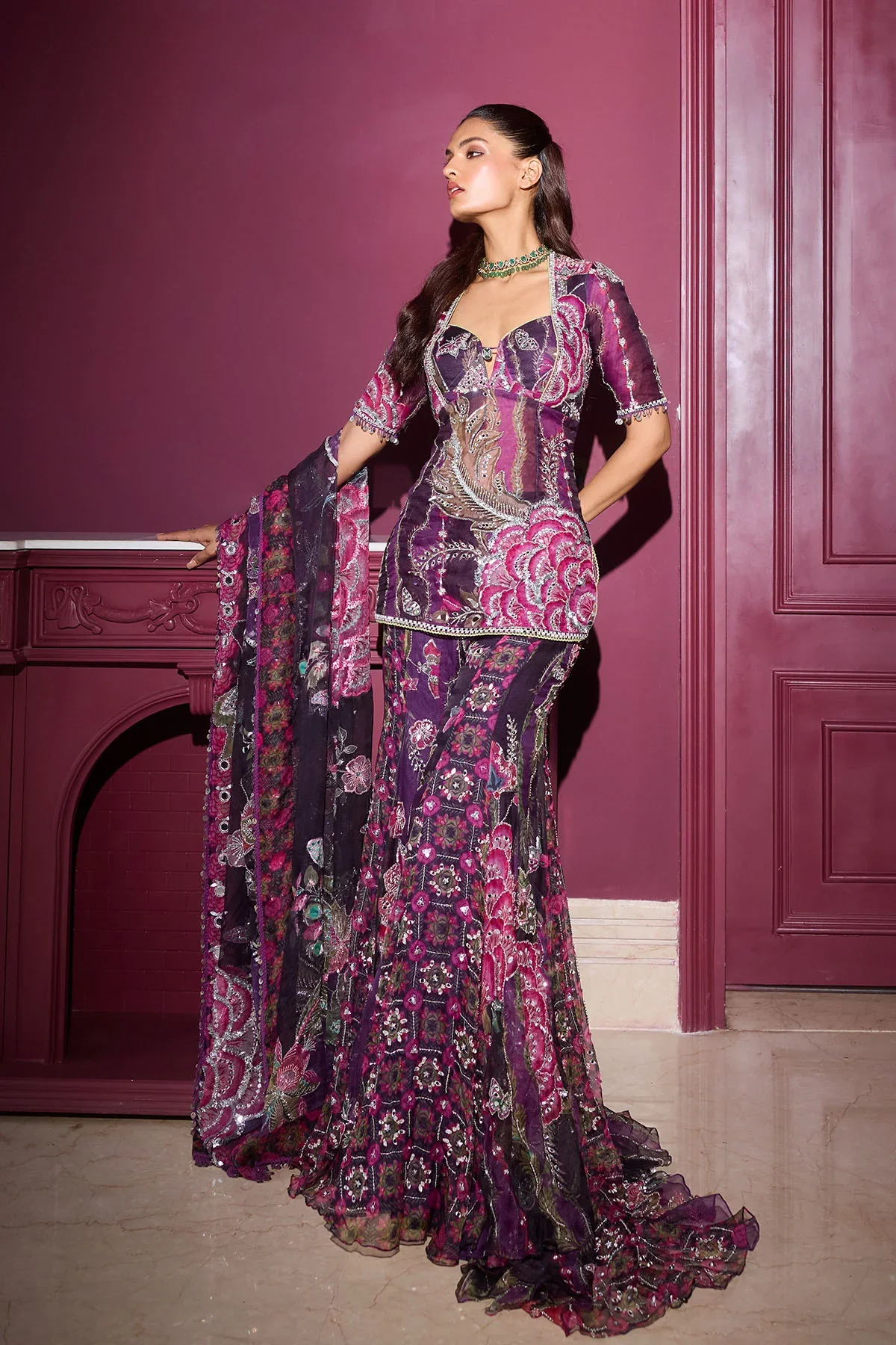 Nika - Hand Embroidered Kurta, Sharara - Image 4