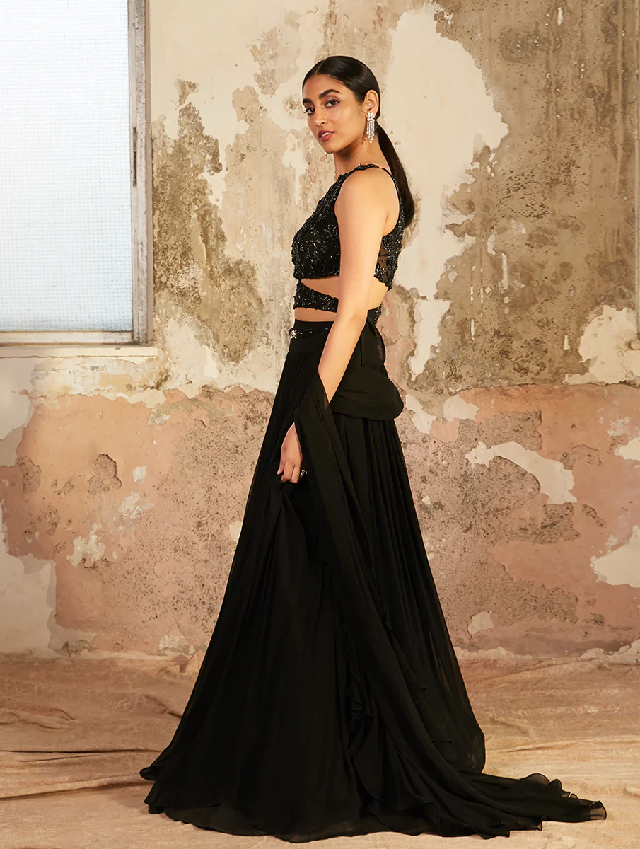 NINA - Black One Shoulder Hand Embellished Floral Blouse - Image 3