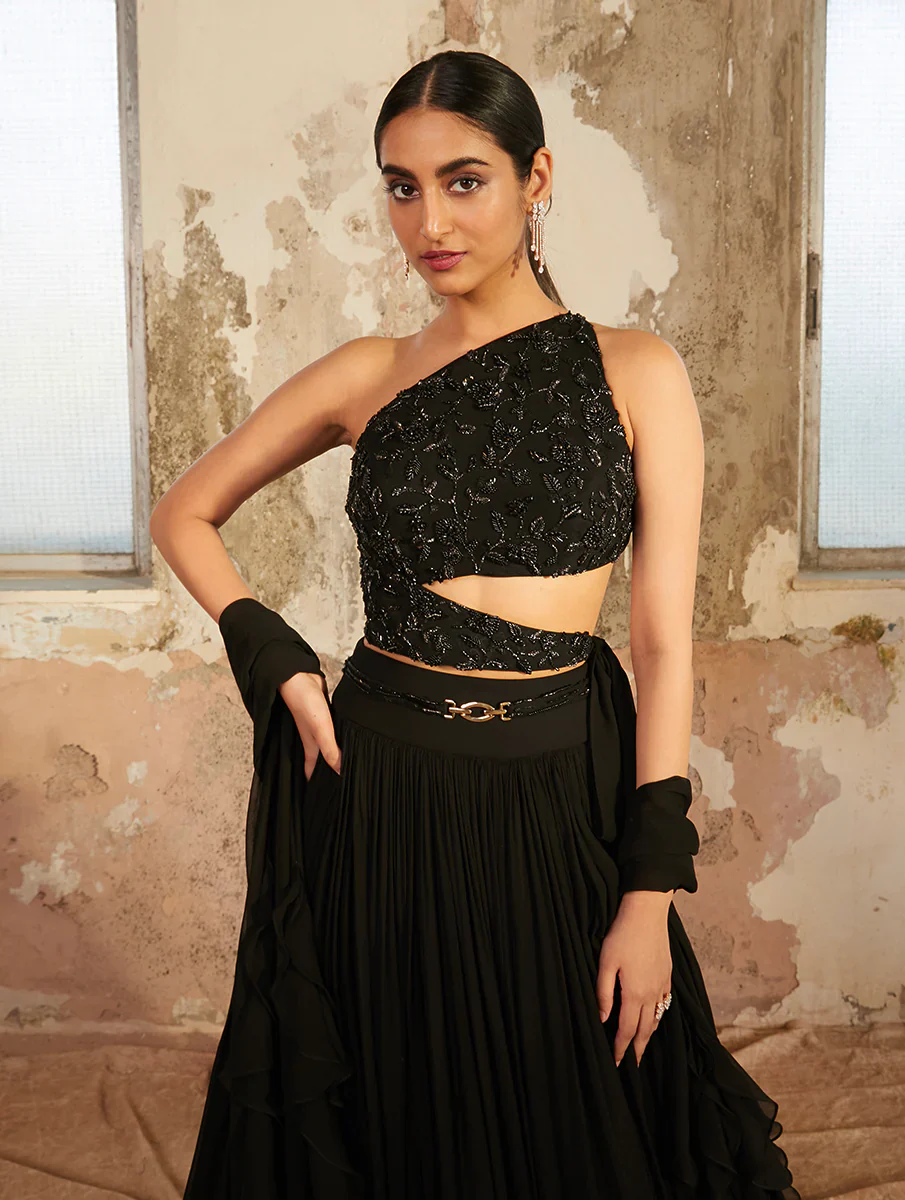 NINA - Black One Shoulder Hand Embellished Floral Blouse - Image 4